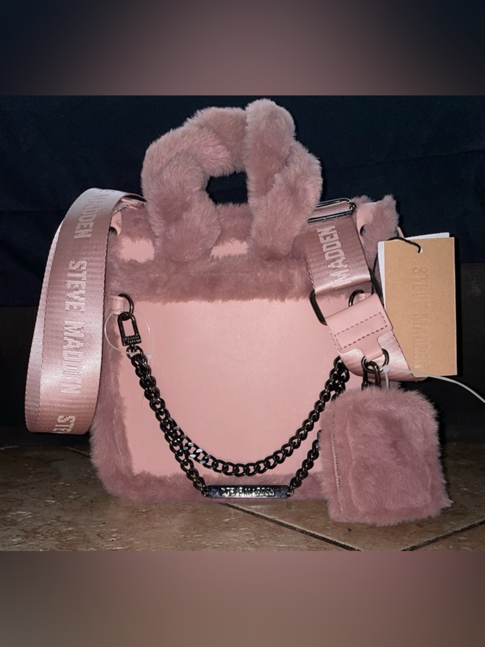 Steve Madden Blush Pink Faux Fur Mini Satchel with Chain